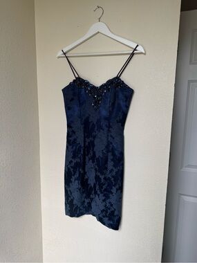 Beaded Navy Satin Jacquard Mini Slip Dress